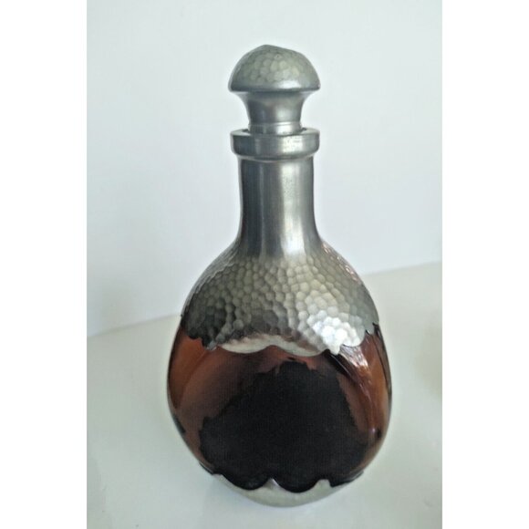 Vintage Royal Holland Pewter Encased Amber Pinched Glass Decanter 10" Tall 1930s - Picture 1 of 16